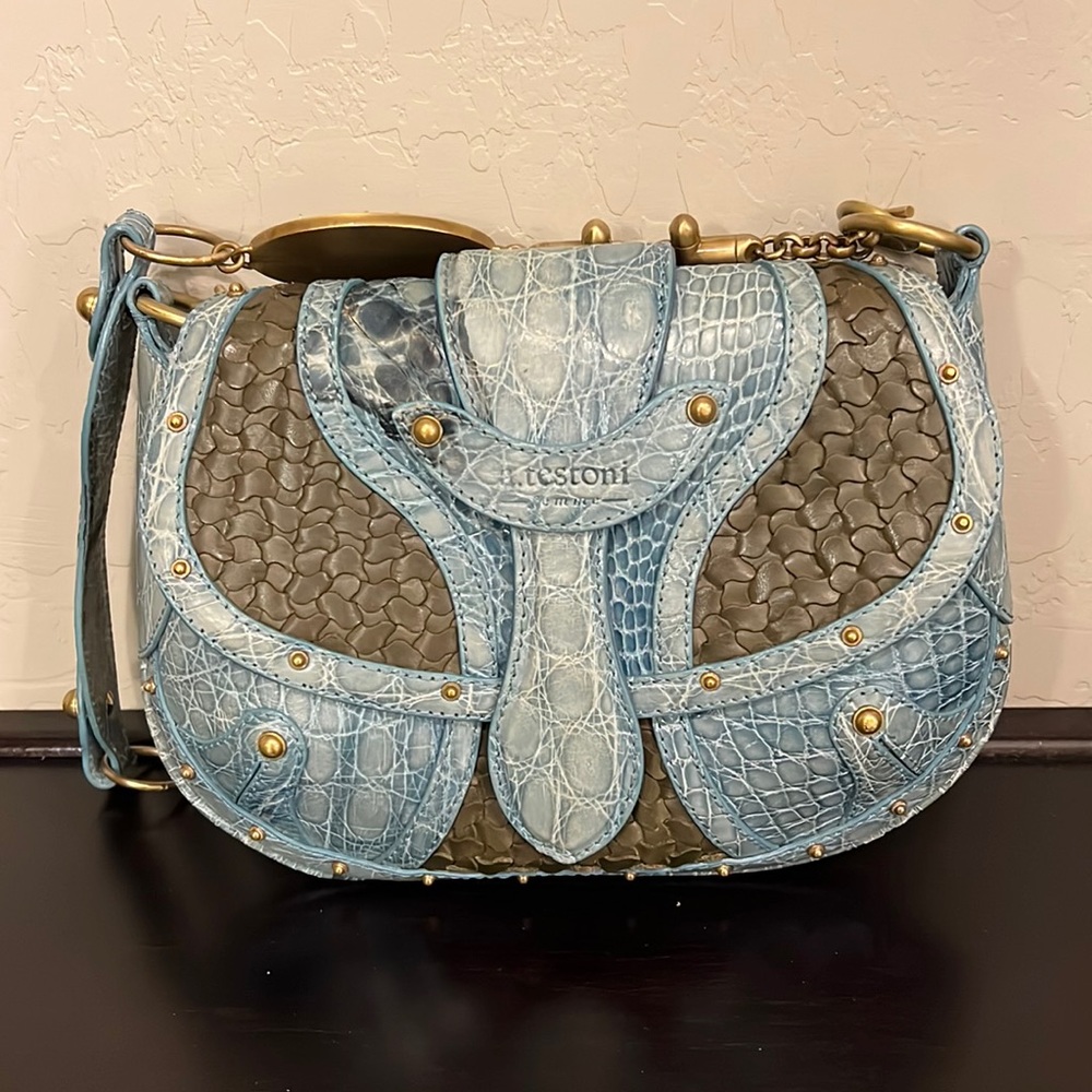 a.testoni blue shoulder bag, real croc leather, leather braiding detail. Flawed